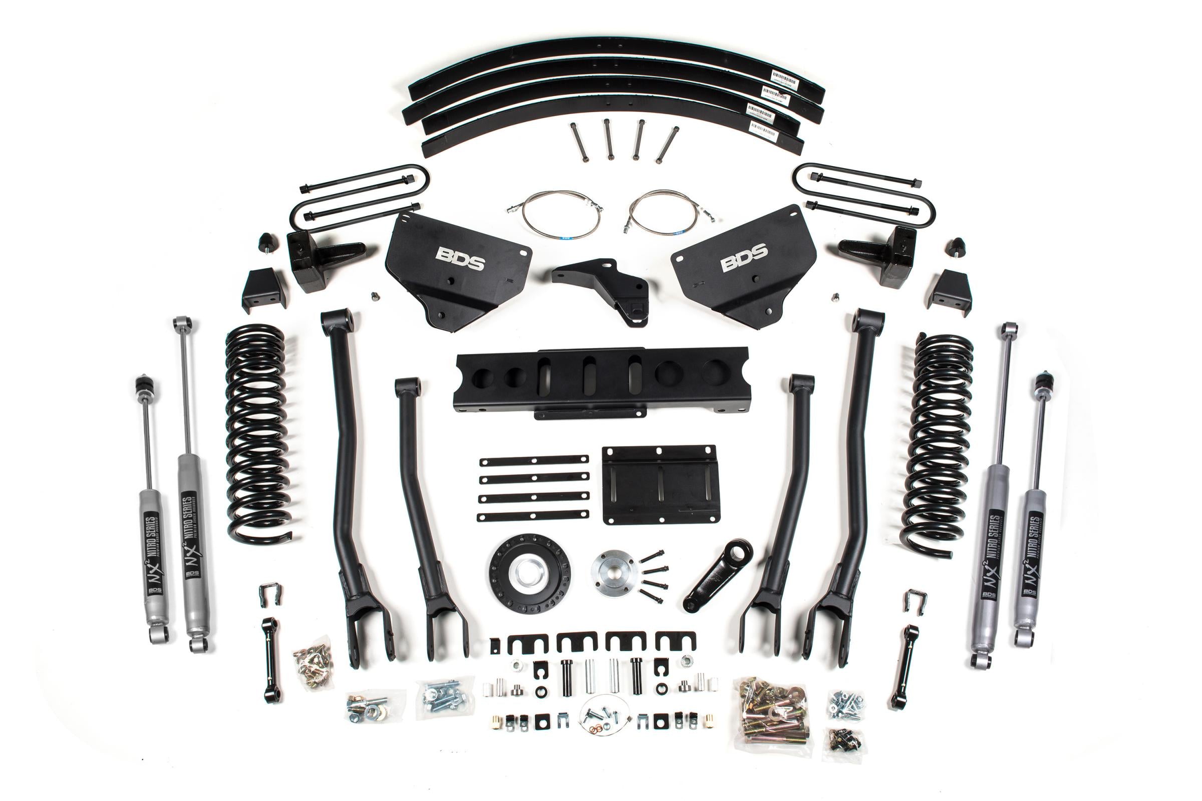 8 Inch Lift Kit w/ 4-Link Ram 3500 13-18 4WD Diesel 5 Inch Block Add A Leaf 6 Bolt Indexing Ring Fox 2.0 Performance Shocks