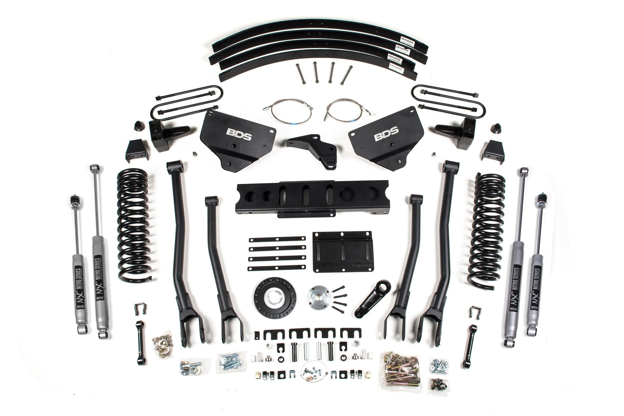 8 Inch Lift Kit w/ 4-Link Ram 3500 13-18 4WD Diesel 5 Inch Block Add A Leaf 8 Bolt Indexing Ring NX2 Nitro Shocks
